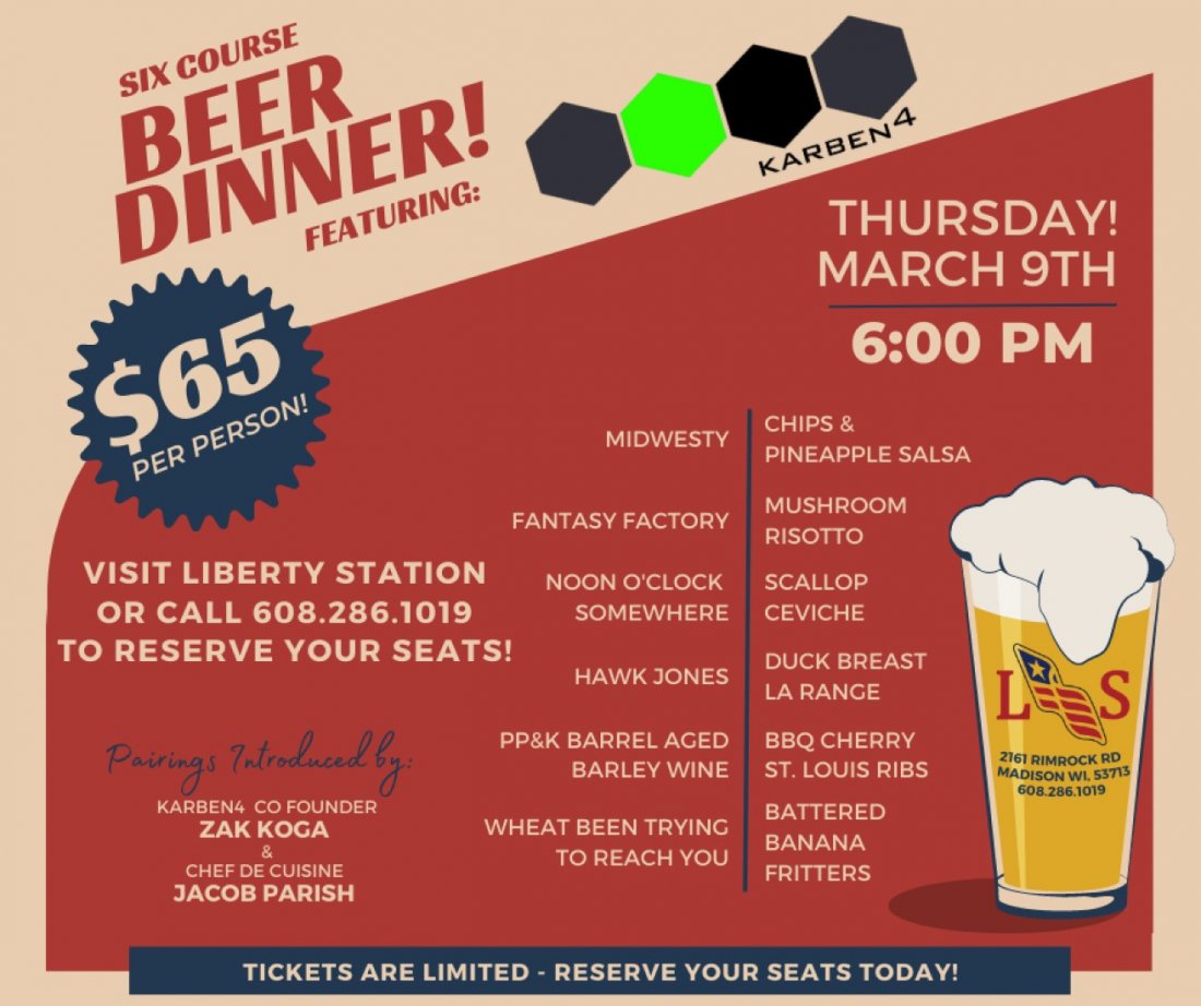 Liberty Station American Tavern and Smokehouse Presents SixCourse Beer Dinner Featuring Karben4