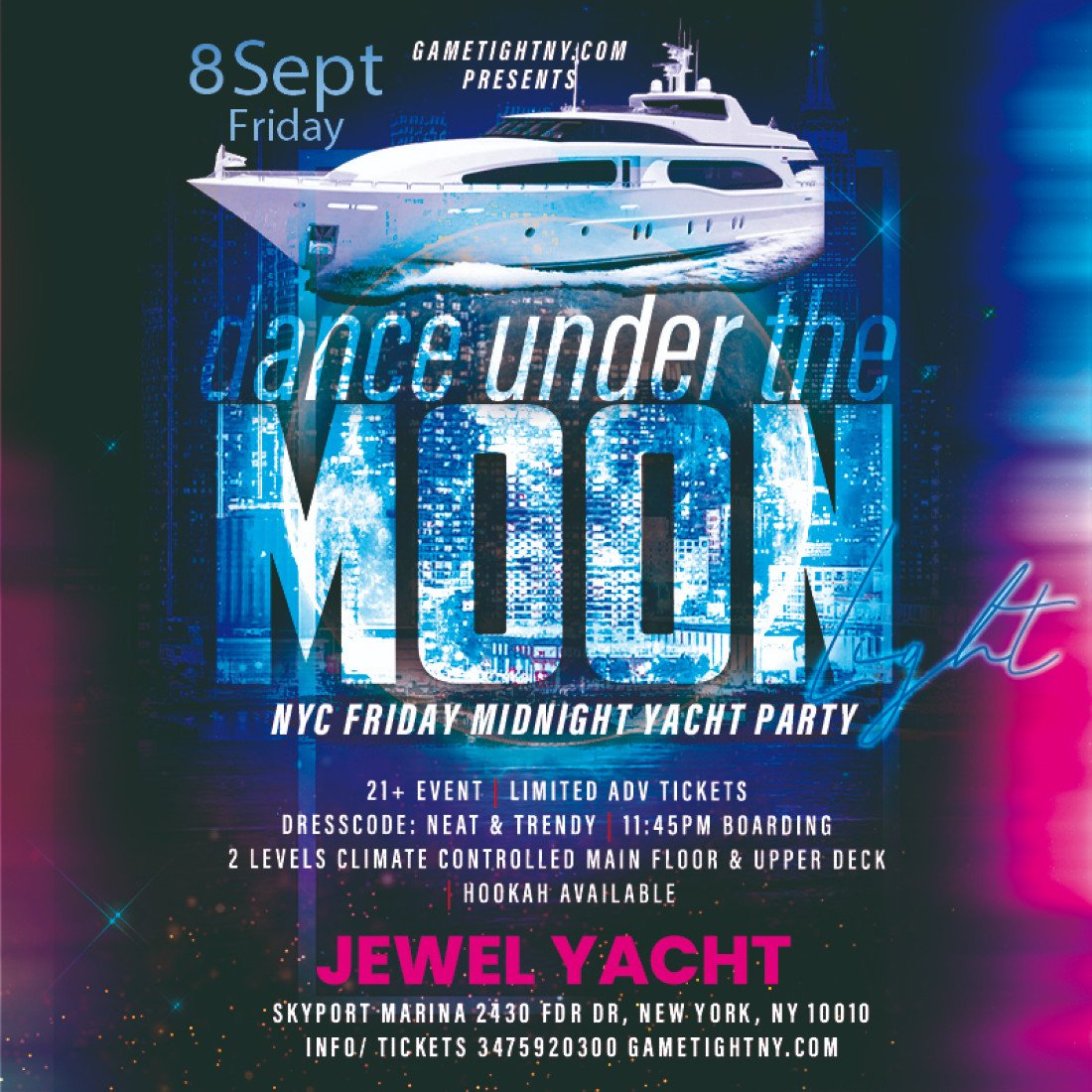 Dance under the Moonlight Jewel Yacht Friday Midnight NYC Cruise Party 2023