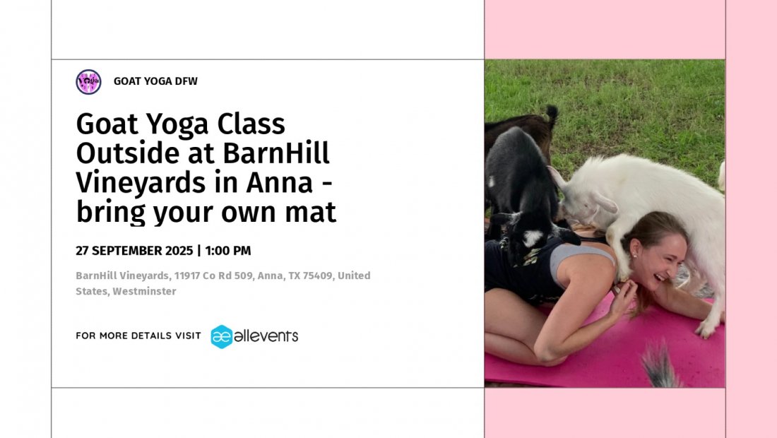 Goat Yoga Class Outside at BarnHill Vineyards in Anna - bring your own mat