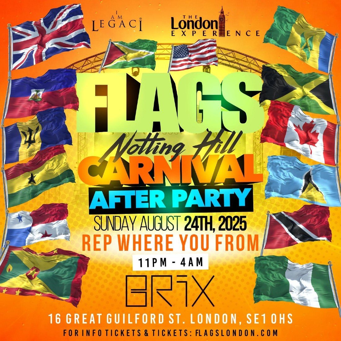 FLAGS: Notting Hill Carnival After Party 2025 \u2013 Rep Your Country