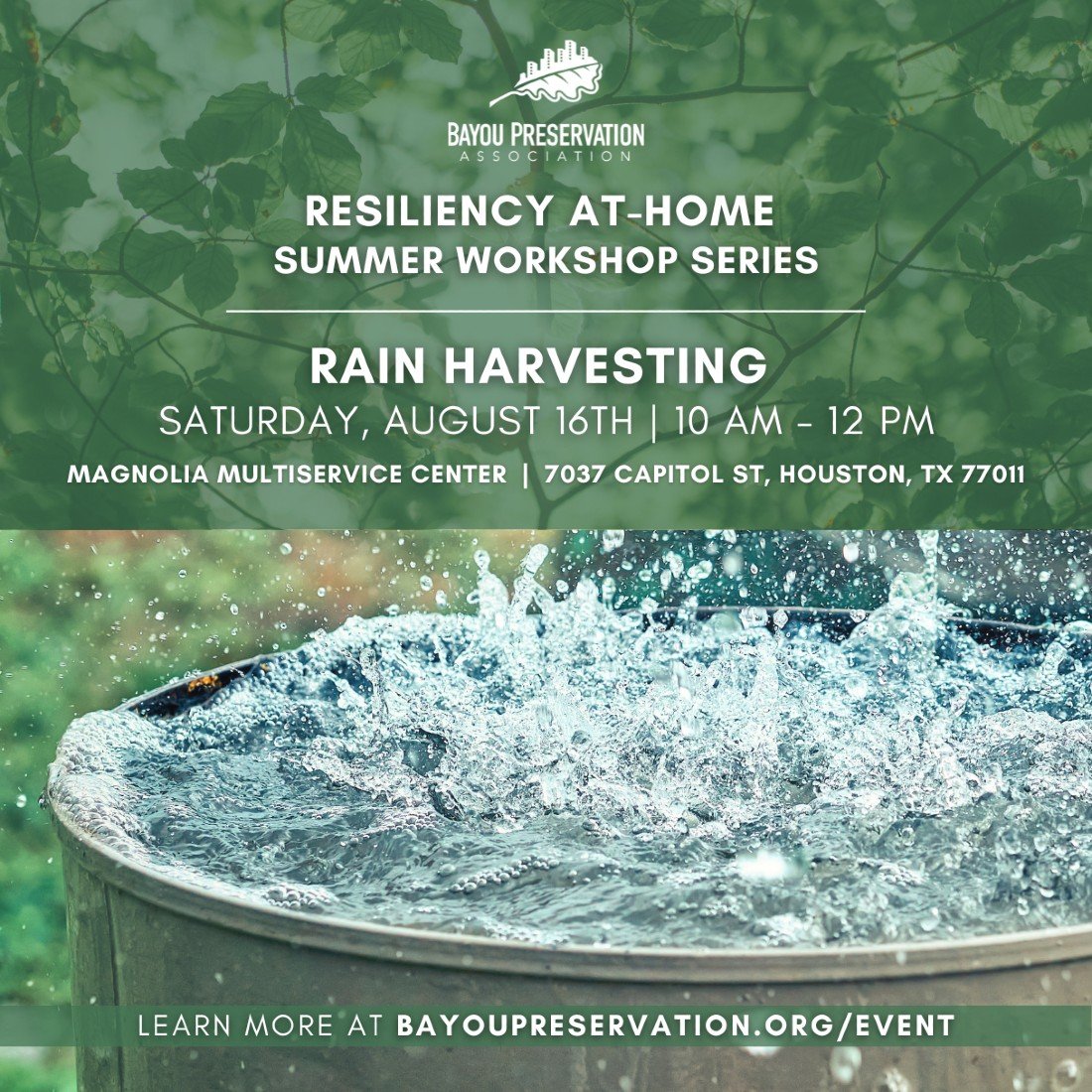 Bayou Preservation\u2019s Resiliency At-Home Summer Workshop Series: Rainwater Harvesting