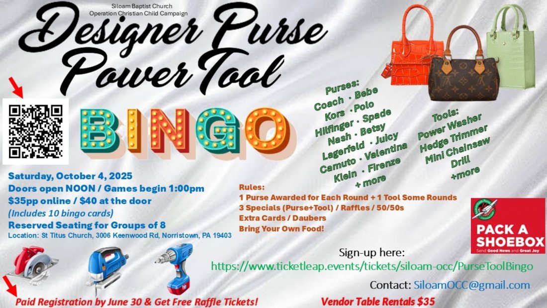 Designer Purse & Power Tool Bingo - 10\/4\/25 1pm