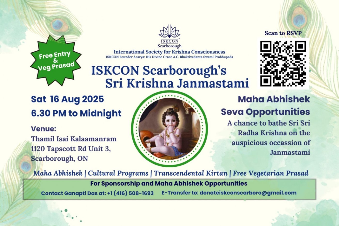 ISKCON Scarborough's Janmastami @Thamil Isai Kala Manram 1120 Tapscott Rd