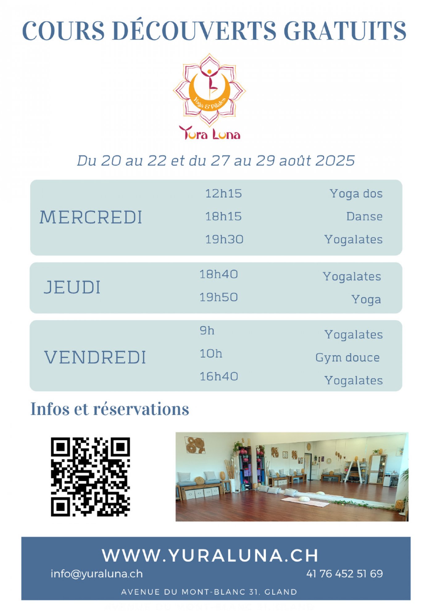 Cours gratuits (Yoga, yogalates, gym douce, danse)