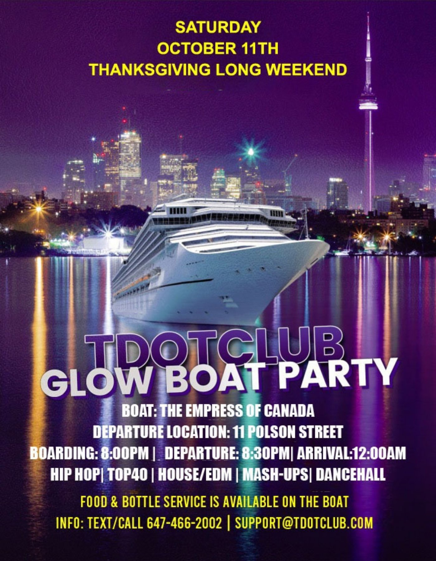 Toronto Thanks Giving Long-Weekend Glow Boat Party