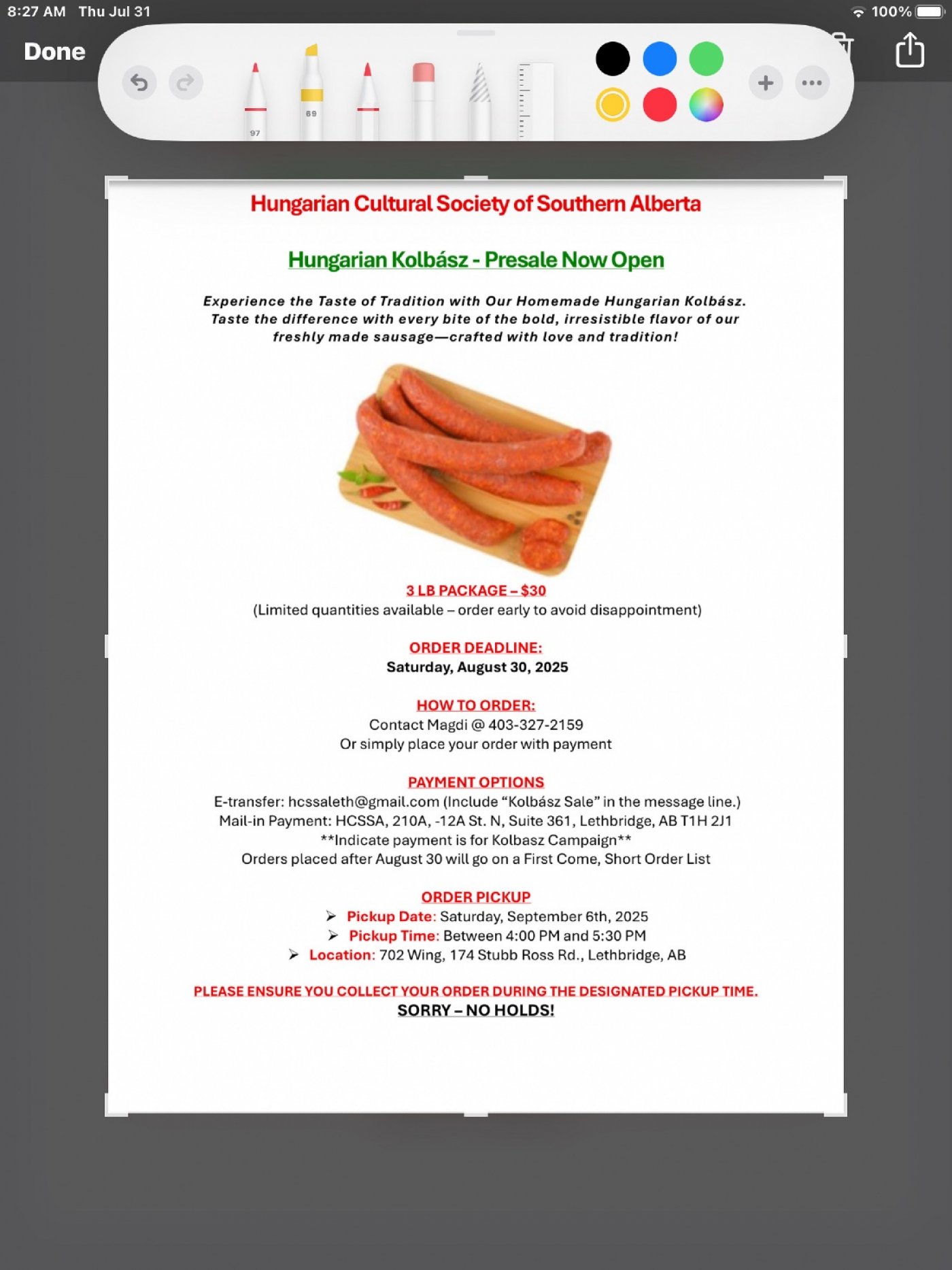 Hungarian Cultural Society of Southern Alberta Kolbasz Sausage Sale
