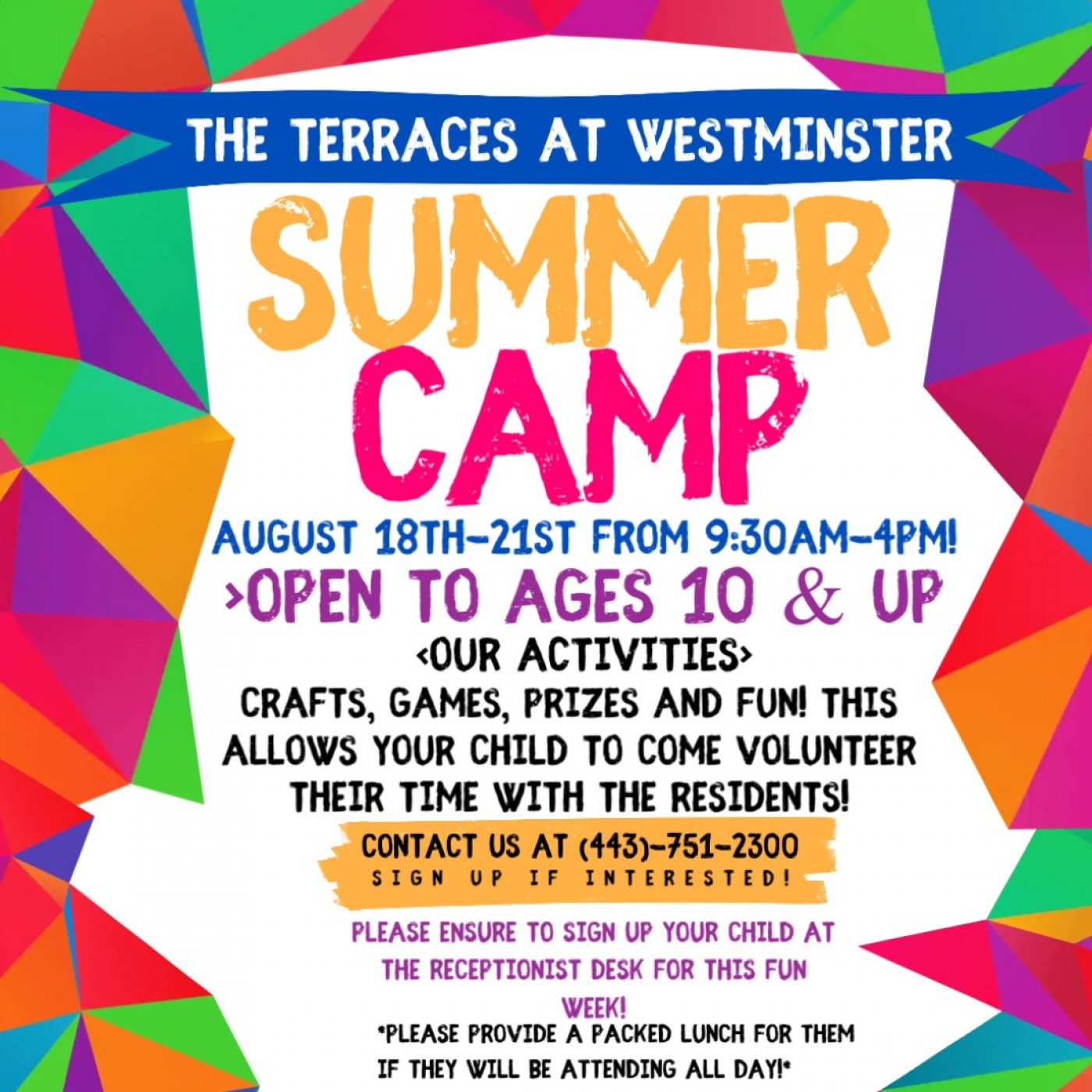 Aug. 18-21: Intergenerational Summer Camp at The Terraces at Westminster