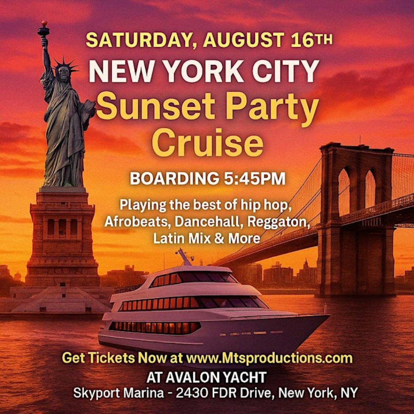 New York City Sunset Party Cruise \u2013 August 16th | Avalon Yacht