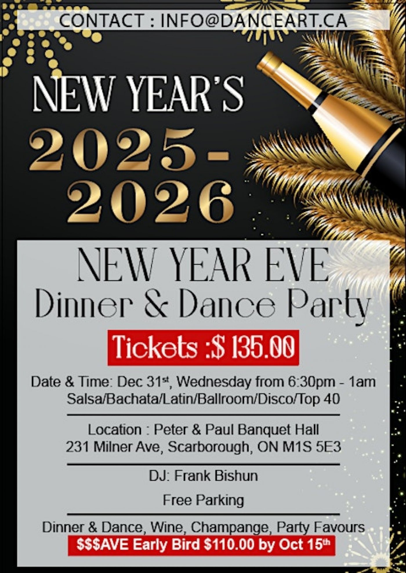 New Year's eve dinner dance Dec 31, 2025-2026 at Peter & Paul Banquet Hall
