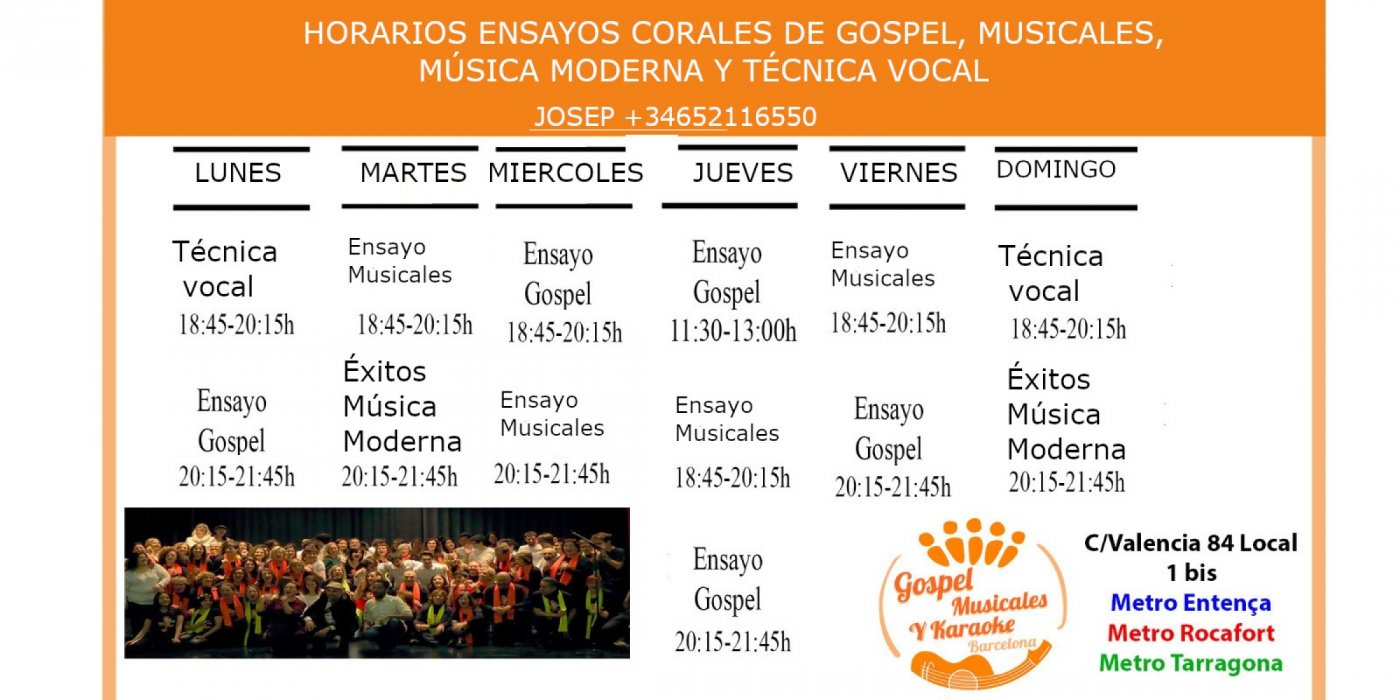 Ensayo gratis de Coral Gospel Barcelona, musicales ,m\u00fasica moderna y t\u00e9cnica