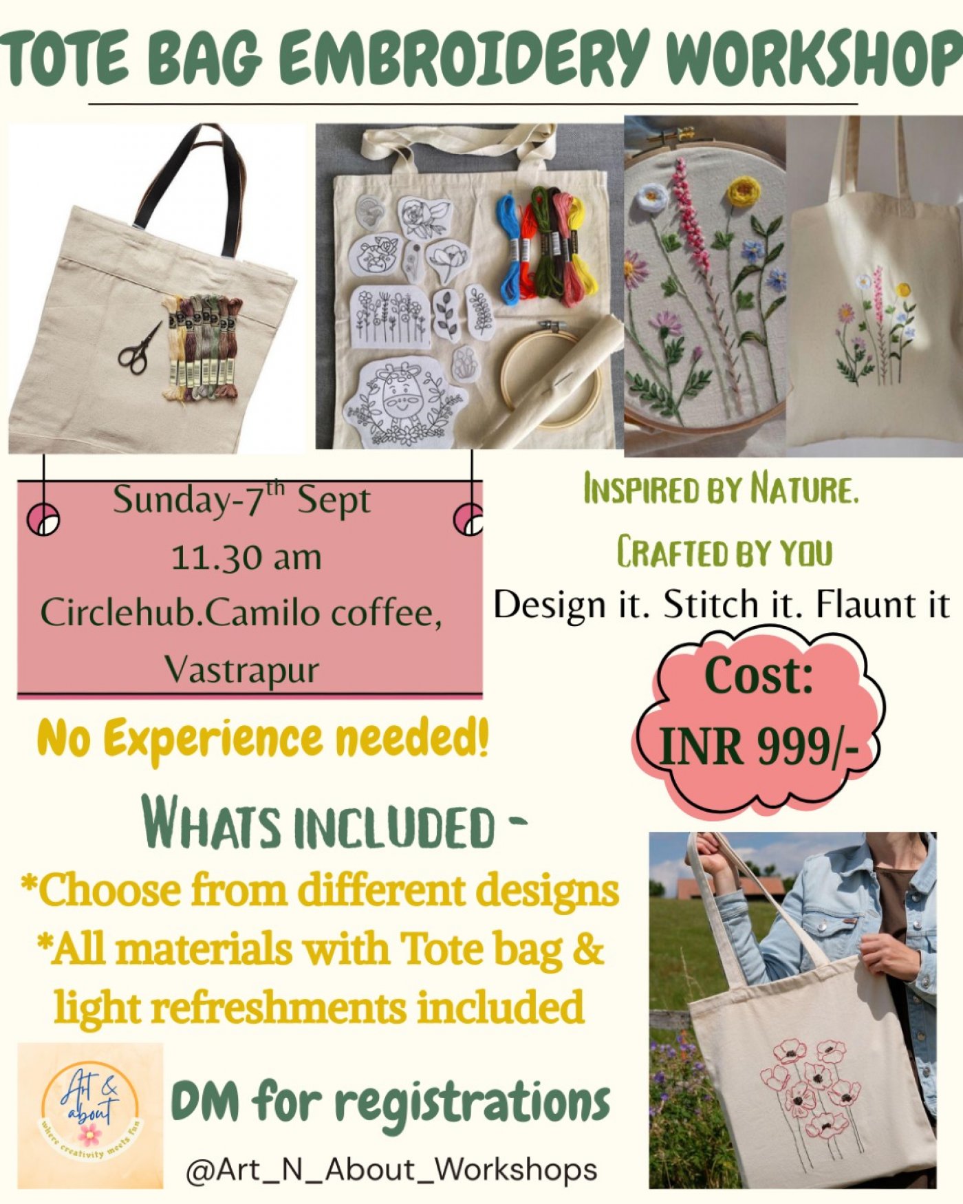 "Introduction to Floral Embroidery - One stitch at a time!" - Tote Bag Embroidery Workshop
