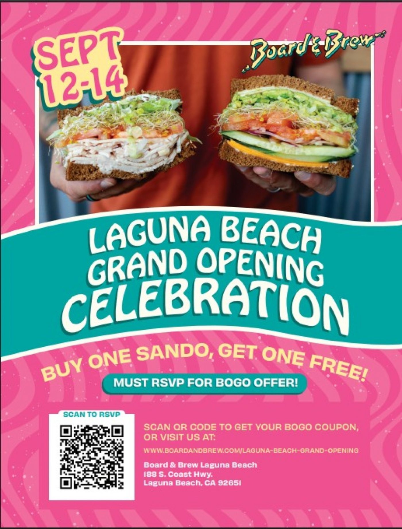 Board & Brew Specialty Sandwiches Grand Opening Celebration September 12-14