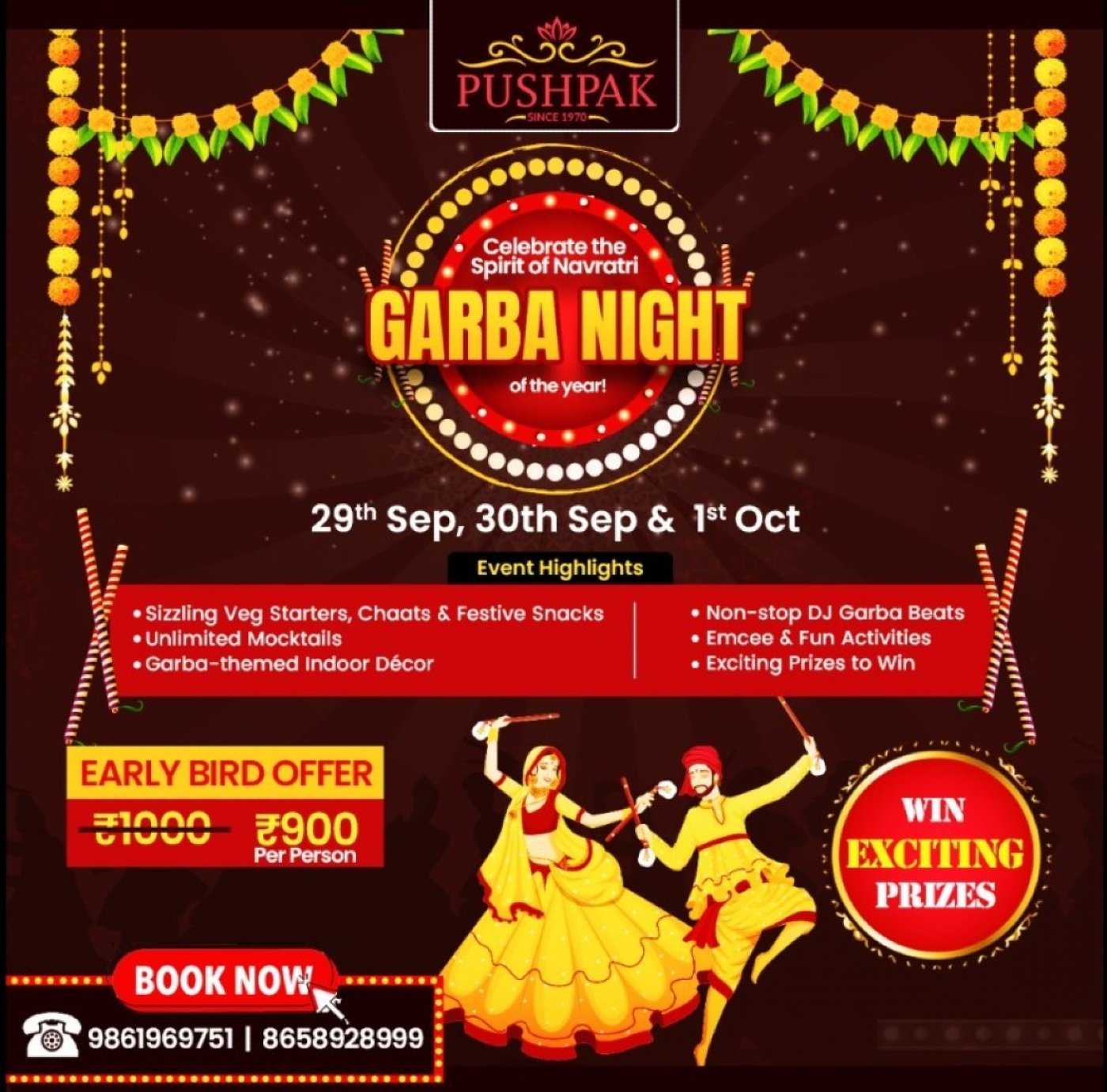 Garba Dandiya Nights 2025 at Pushpak Hotel & Convention, Dhauli Square, Bhubaneswar-Puri Highway