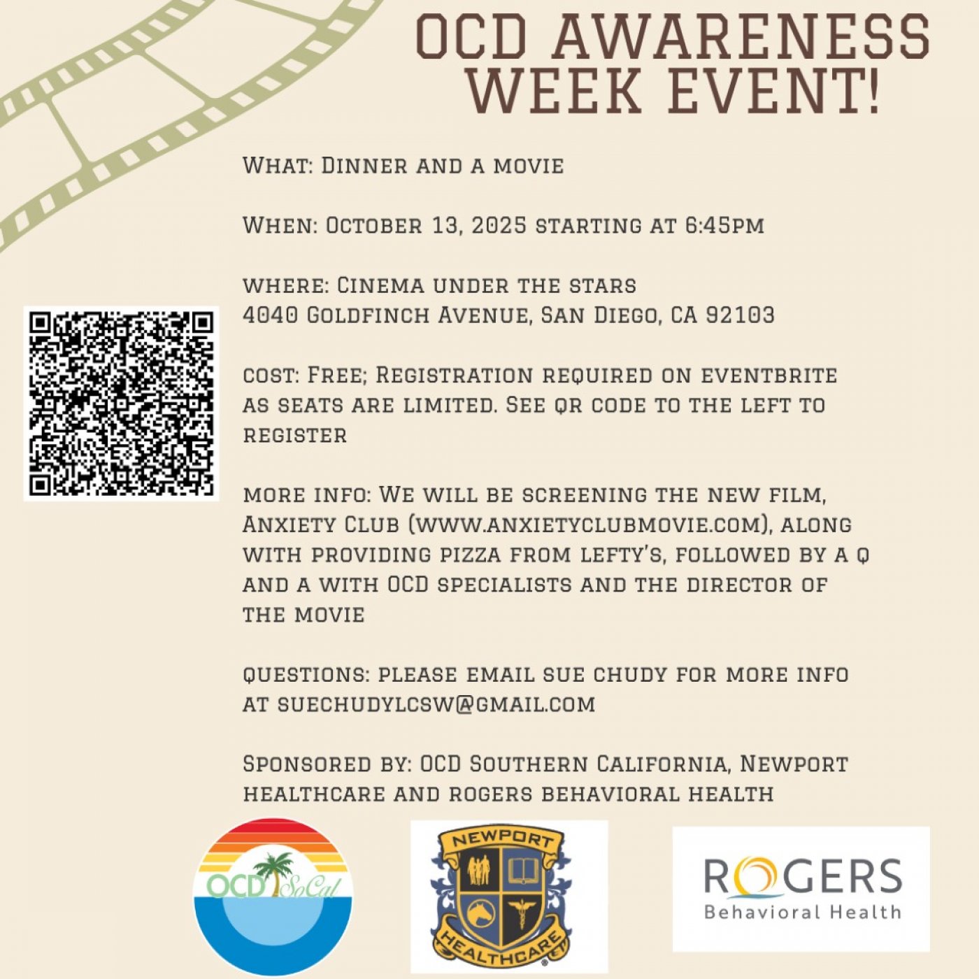 Anxiety + OCD Awareness Week: FREE Dinner and a Movie in San Diego