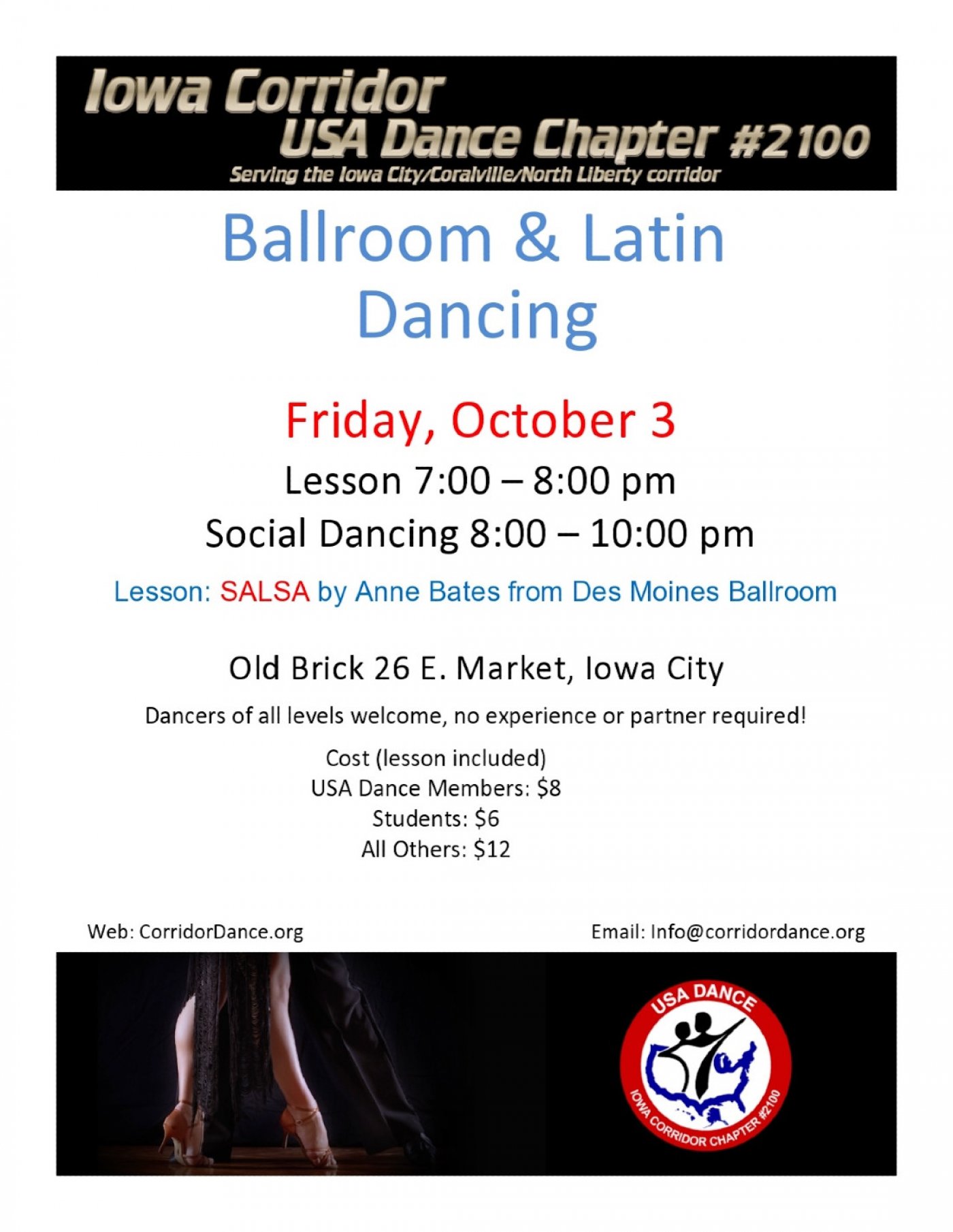 Ballroom and Latin Dancing at Old Brick, Iowa City, Friday, October 3, 7:00 pm