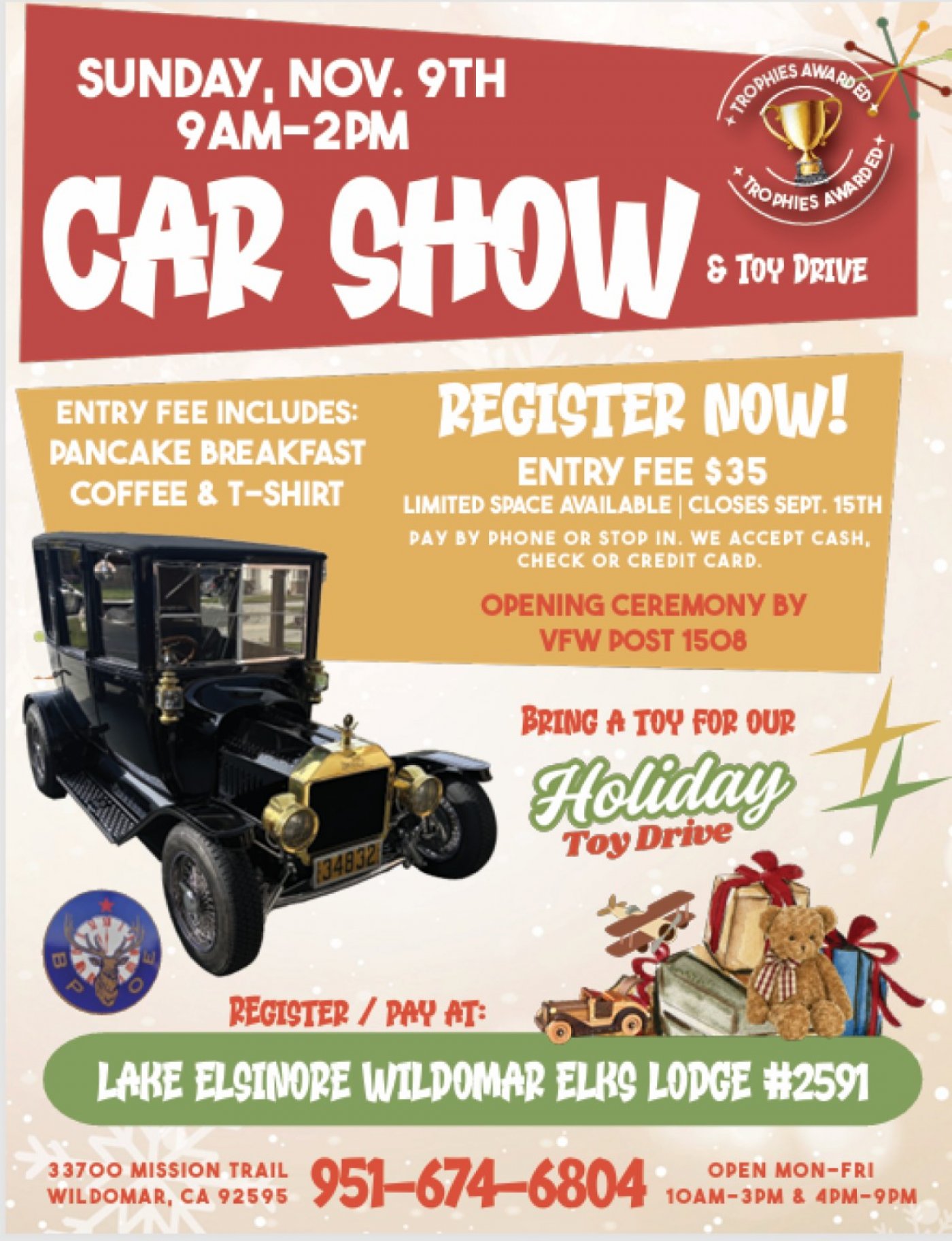 Car Show & Toy Drive Hosted by Lake Elsinore-Wildomar Elks Lodge # 2591