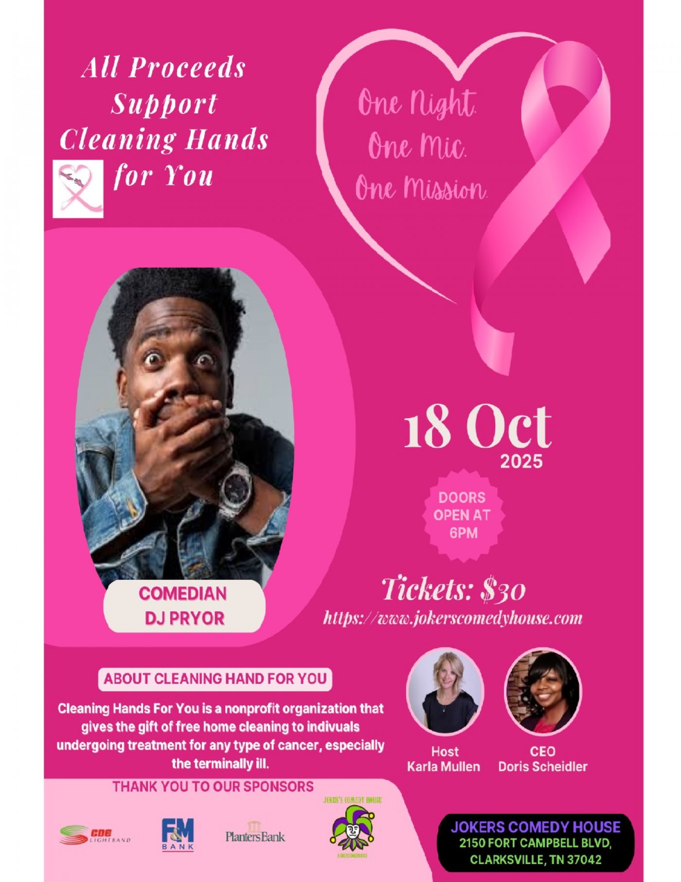  One Night, One Mic, One Mission, A Charity Comedy Show Benefiting "Cleaning Hands for You."