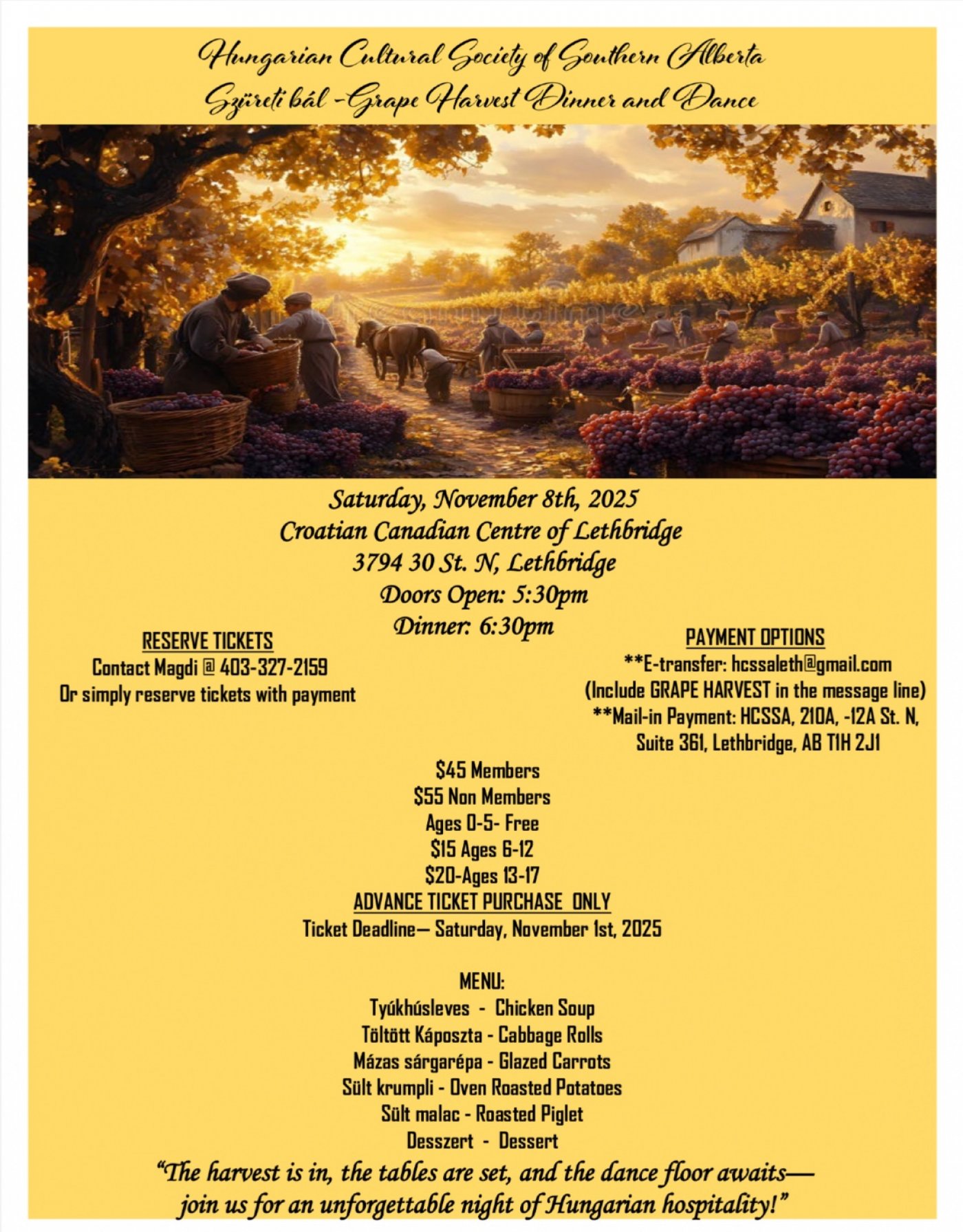 Hungarian Cultural Society of Southern Alberta. Szureti bal - Grape Harvest a dinner and Dance