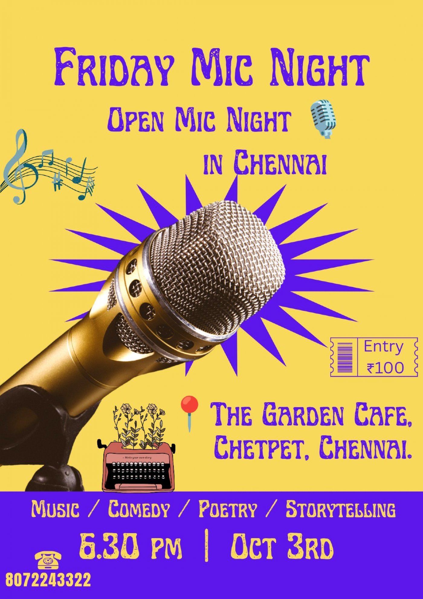 Open Mic Night \ud83d\udccdIn Chennai : 3rd October : 'Friday Mic Night' by 'M&M'
