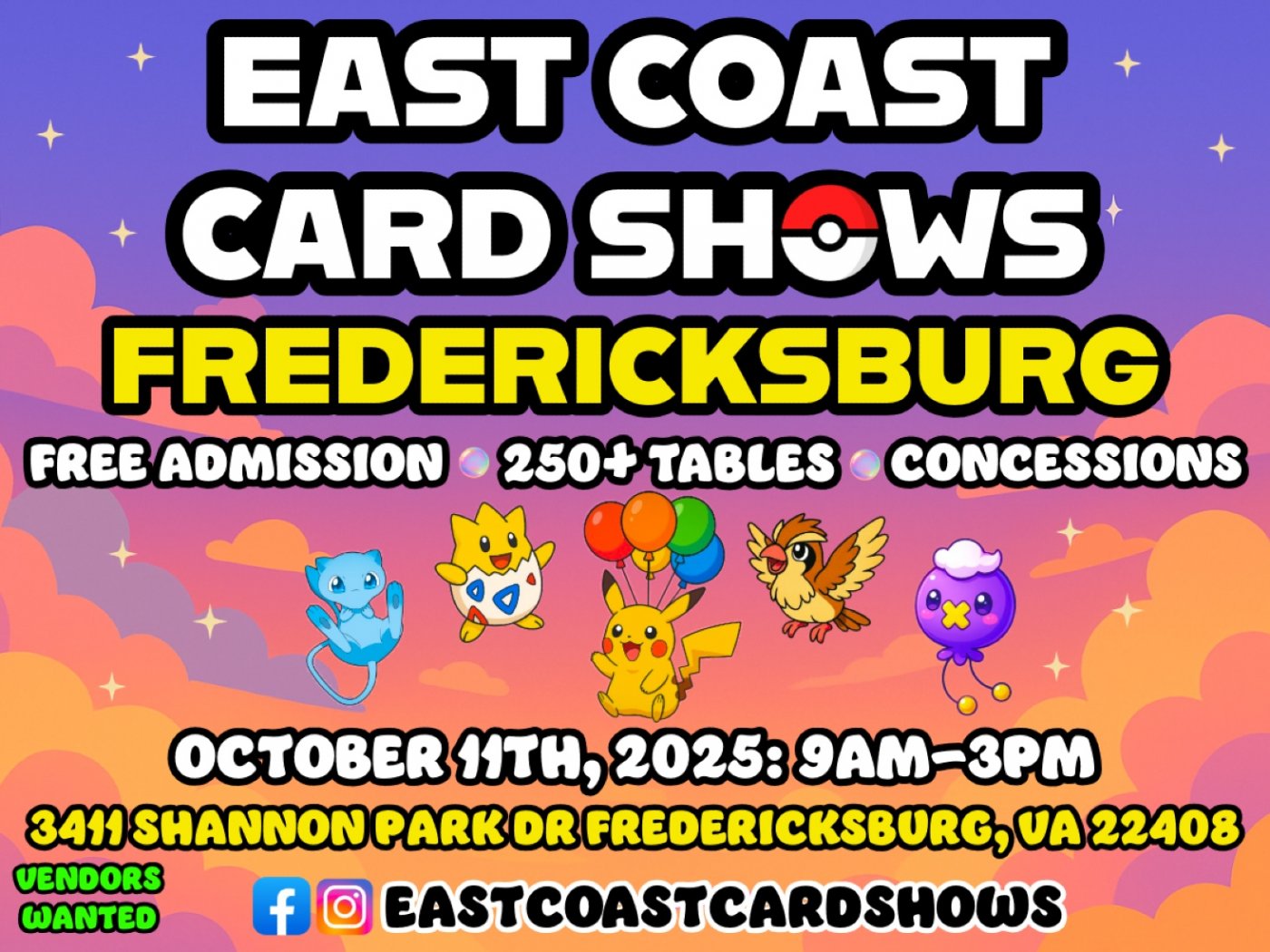 FREE Pok\u00e9mon & Sports Card Show \u2013 Fredericksburg , VA \u2013 October 11, 2025