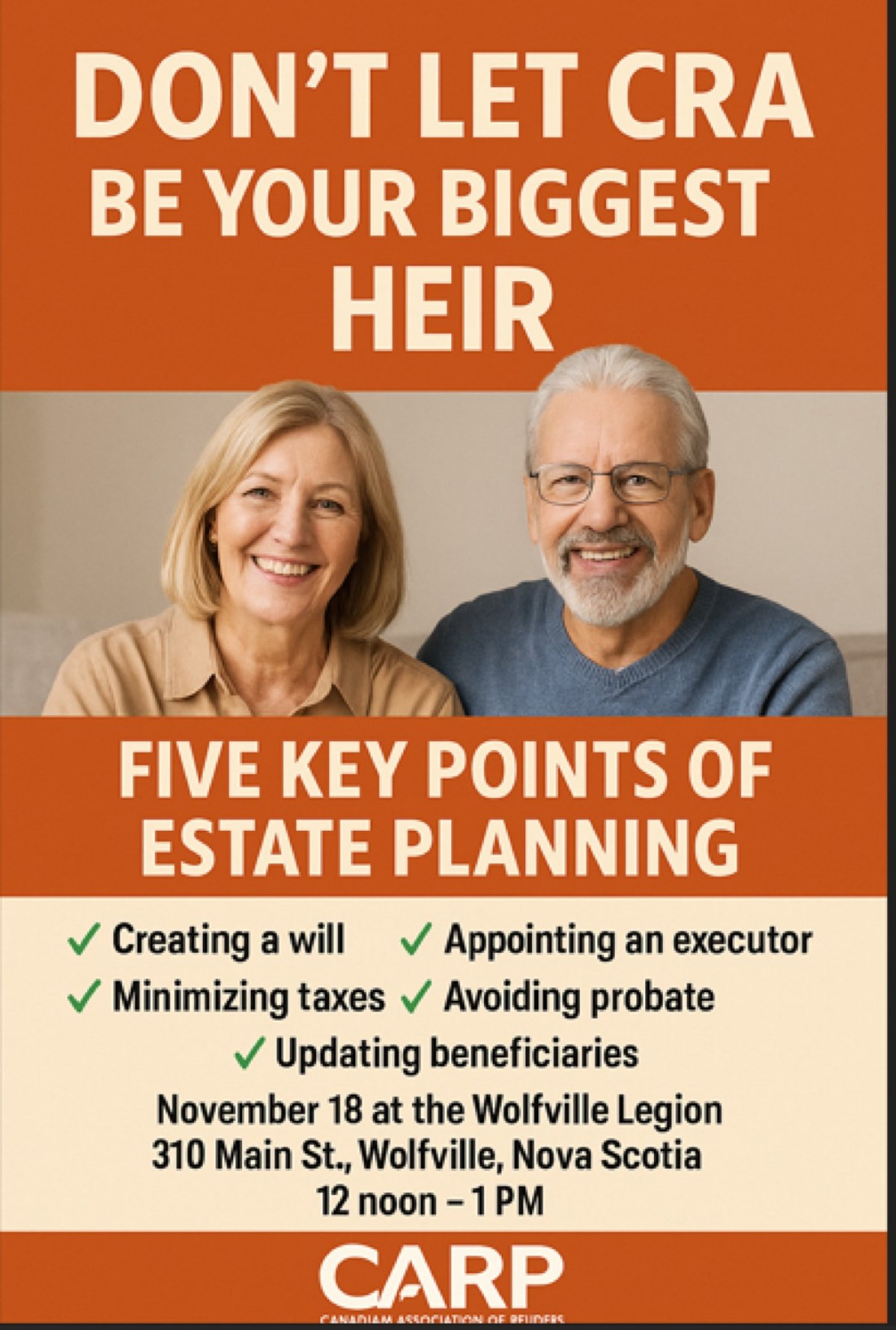 Estate Planning Workshop in Wolfville   Free light lunch Provided presented by CARP NS