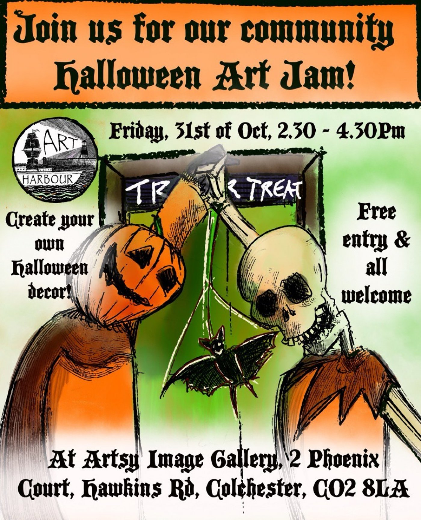 Have fun making Halloween house decorations! Free Art Jam at Artsy Image Colchester!