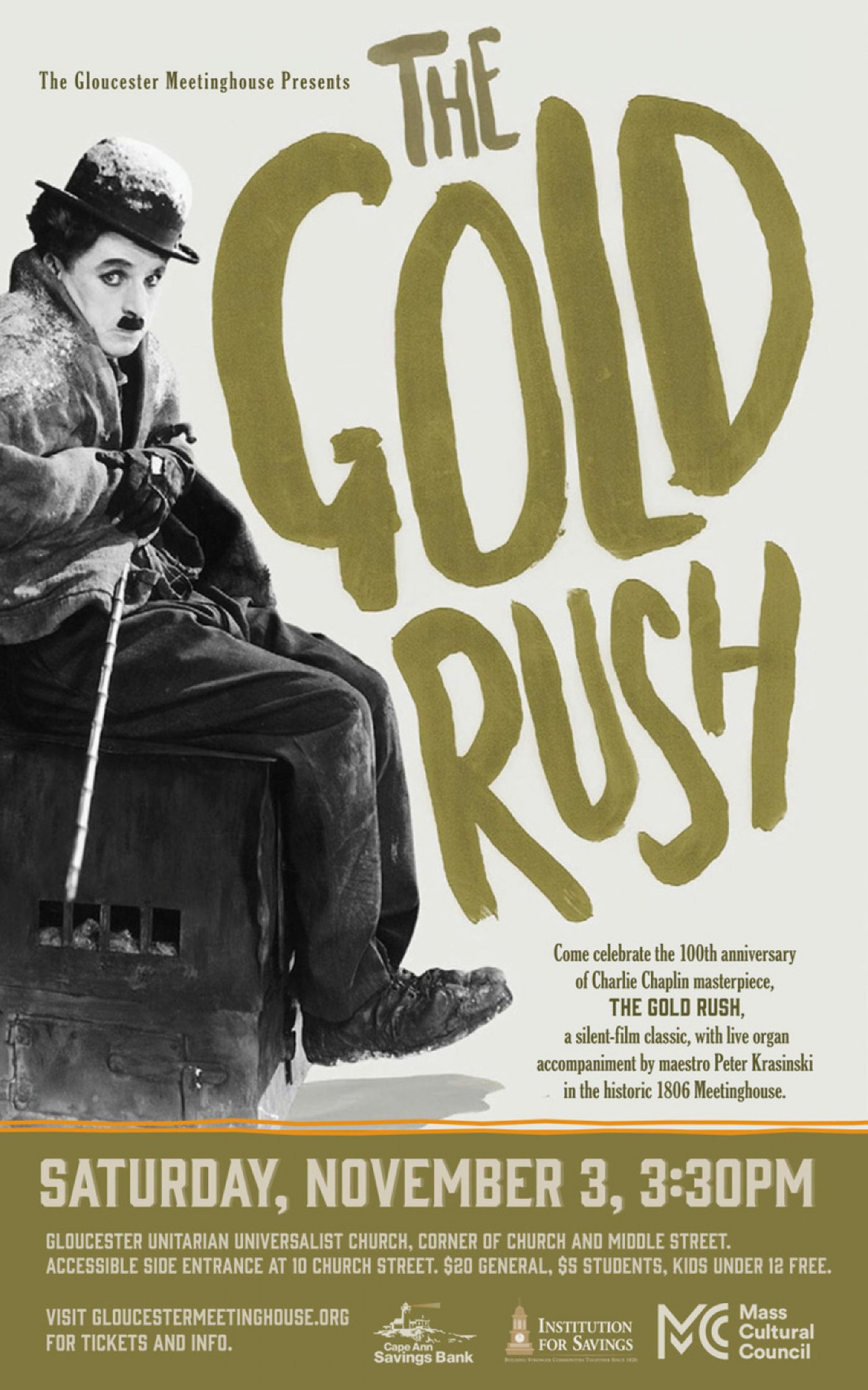 Charlie Chaplin\u2019s classic, The Gold Rush with live organ accompaniment Sunday, Nov. 2, at 3:30pm
