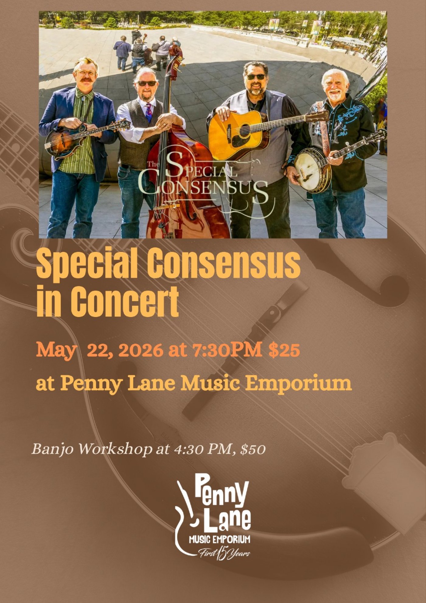 Special Consensus \u2013 Concert \u2013 Banjo Workshop \u2013 May 22