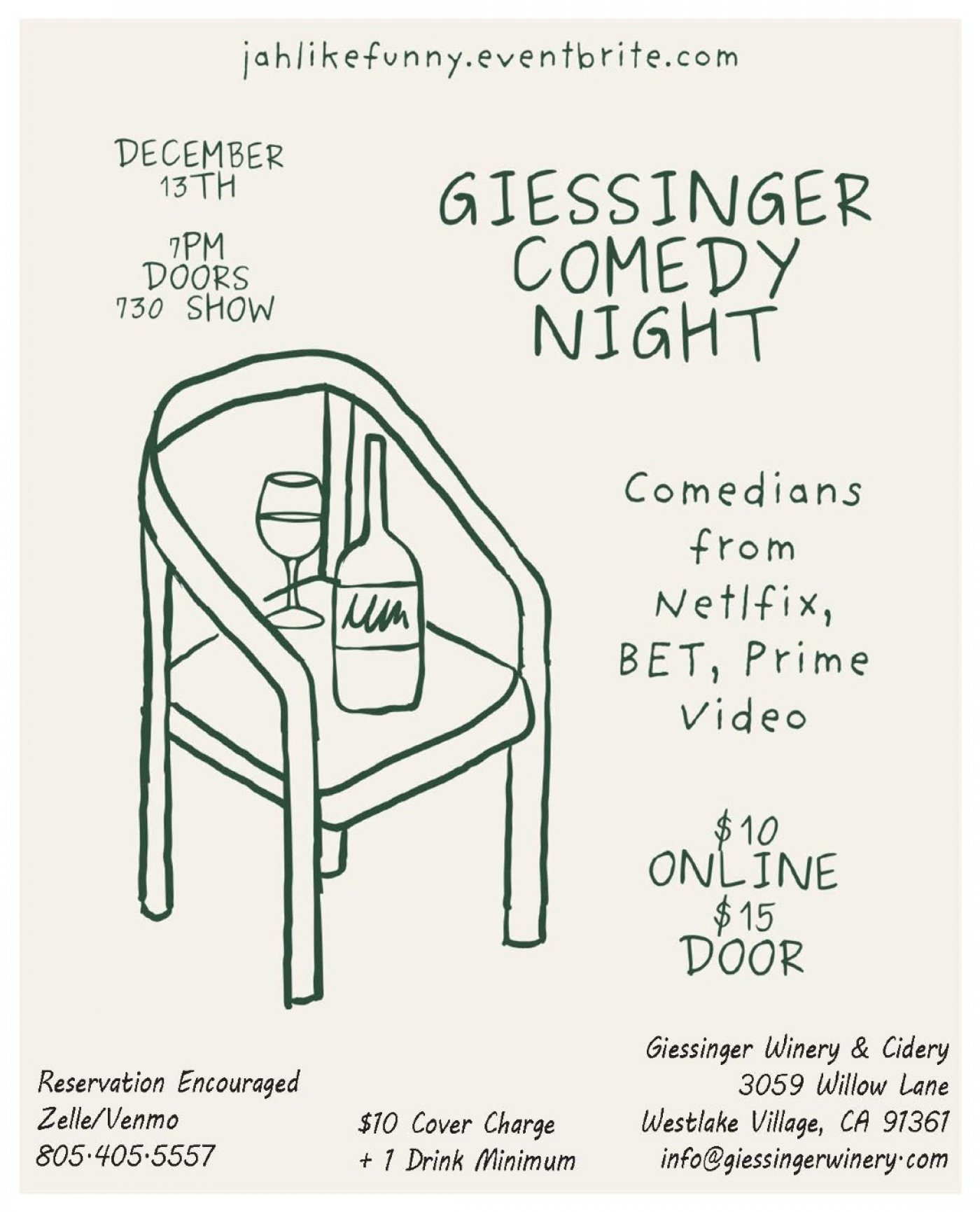 COMEDY NIGHT   Saturday December 13th at 7 pm    Giessinger Winery & Cidery