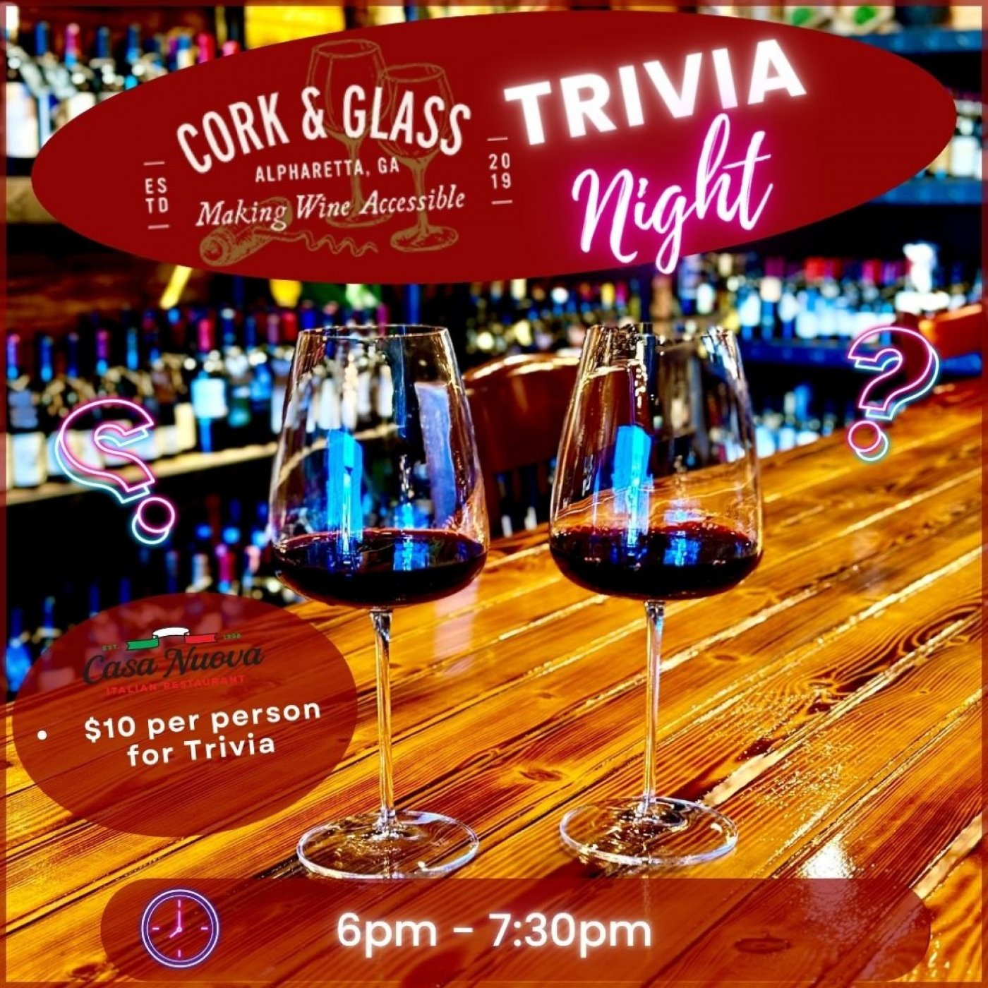 Get ready for an evening of wine, trivia, and fun at Cork & Glass!
