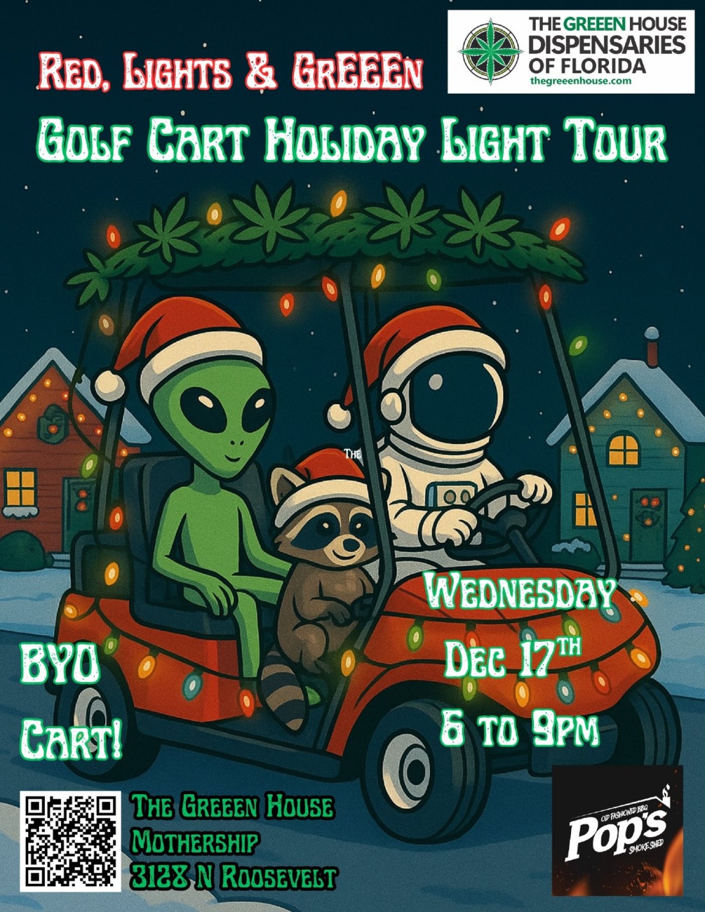 Red, lights and GrEEEn Holiday Golf Cart light Tour- The town is LIT!